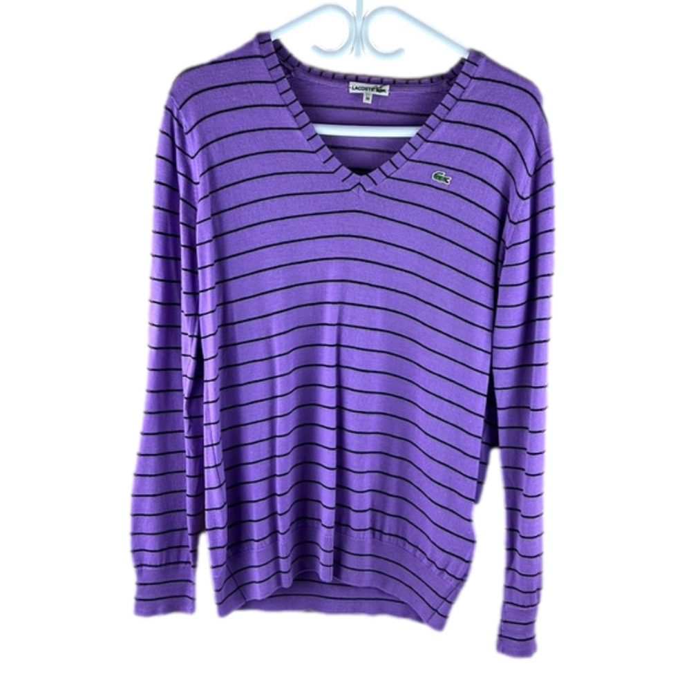 Men's Lacoste purple wool  striped v-neck sweater